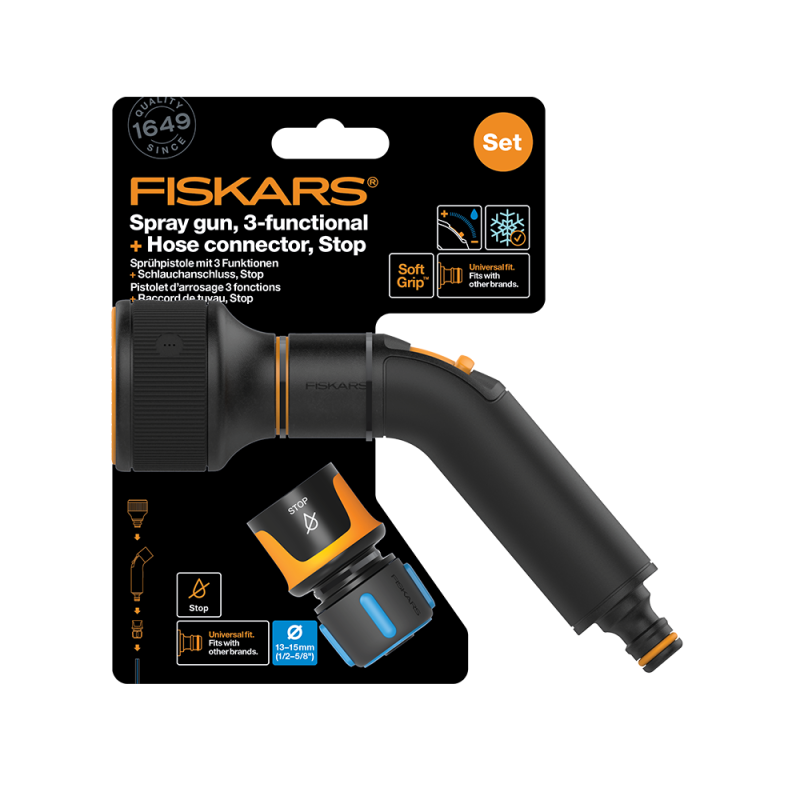 Fiskars Spray Gun, 3-functional + Hose connector, Stop